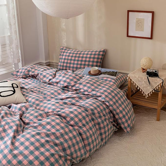 LifeTB Purple Pink Plaid Comforter Set Full Geometric Checkered Pattern Comforter Boho Grid Plaid Printed Bedding Comforter Set Fluffy Soft Lightweight Bedding Comforter Full Size with 2 Pillowcases