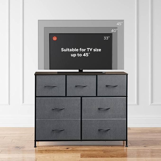 WLIVE Dresser for Bedroom, 7 Drawers, TV Stand, Dark Grey | 7 roomy fabric drawers, Fits TVs up to 45 inch, Bedroom or living room, Wide storage design, Chest of drawers