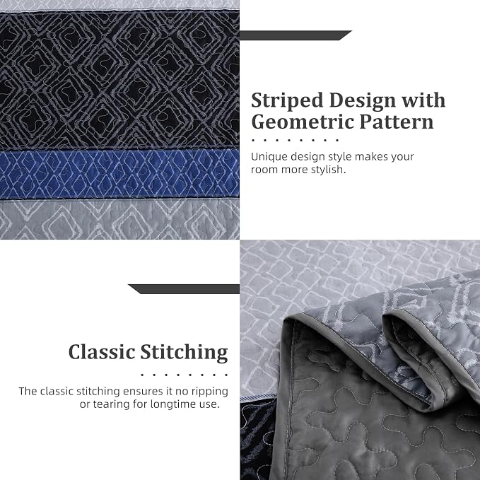 Cottolester Quilts Queen Size,3 Pieces Boho Gray Blue Striped Bedspread Set | Farmhouse Patchwork Bedspreads Covrtlet Set for Men Women,Soft Microfiber Lightweight Quilt Bedding Set Set for All Season