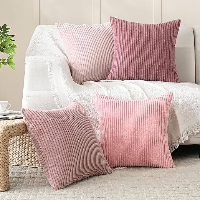 Volcanics Set of 4 Pink Corduroy Couch Throw Pillow Covers 18x18 in | Decorative Valentine's Day Farmhouse Striped Cushion Cases, Soft Boho Square Accent Pillow Covers for Home Sofa