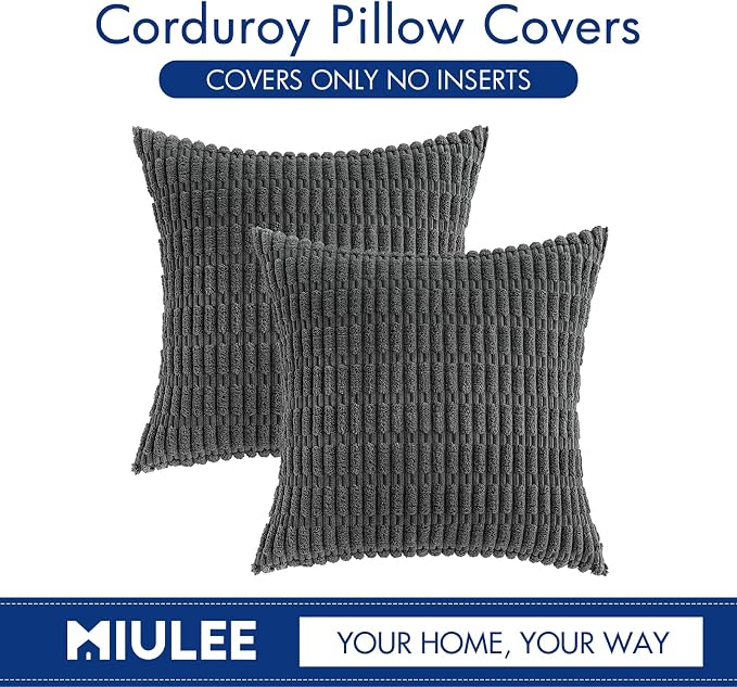 MIULEE Corduroy Decorative Throw Pillow Covers 18x18 Dark Grey Pack of 2 | Soft Boho Striped Pillow Covers Modern Farmhouse Home Decor For Sofa Living Room Couch Bed