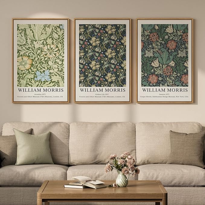 Large Framed Rustic Green William Morris Floral Wall Art, Set of 3 | Vintage, Canvas prints, Botanical artwork, 30x60 inch, Living room, Bedroom, Dining room, Hallway decor