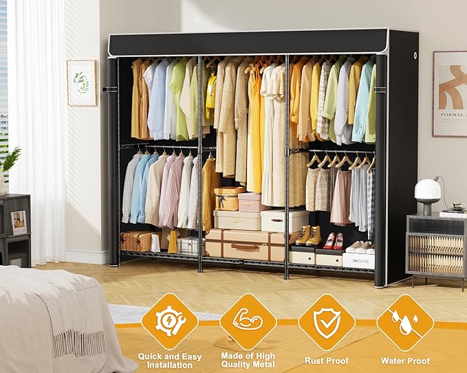 ULIFHOME E14C Pro Heavy Duty Closet Organizer System，Freestanding Clothing Racks for Hanging Clothes，Adjustable Garment Rack 69" W × 16" D × 77" H Hold 960 lbs，Black Rack with Black Dustproof Cover