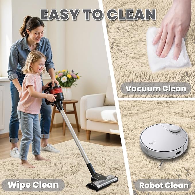 6x9 Fluffy Shag Area Rugs for Living Room Bedroom: Soft Plush Carpet Beige | Upgraded Non-Slip Thick Memory Foam, Ultra Soft, Non-Shedding Fuzzy Carpet, Easy Clean Decor for Kids Room, Nursery, Playroom