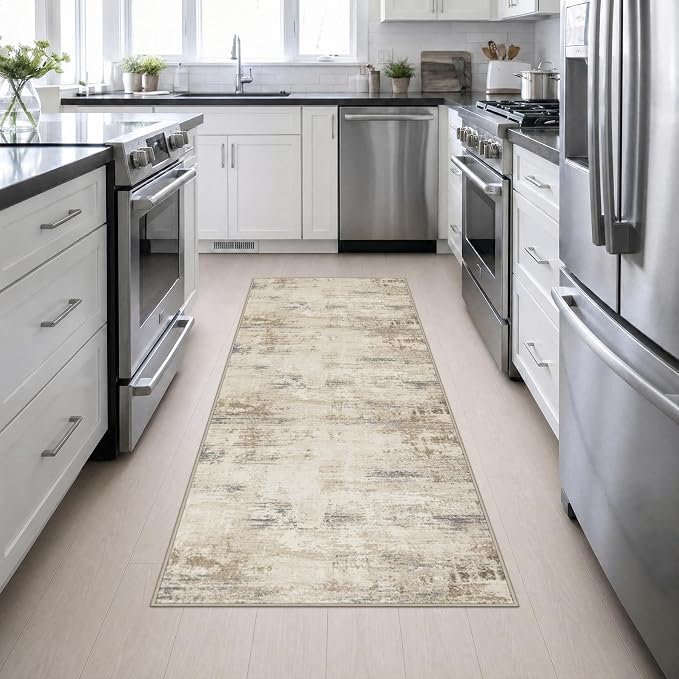 3x8 Washable Runner Rug：Modern Abstract Soft Carpet Beige Brown | For Hallway, Bedroom, Kitchen, Laundry, Bathroom,Door Mat,Modern Abstract,Machine washable,Non-Slip,Stain Resistant,Indoor