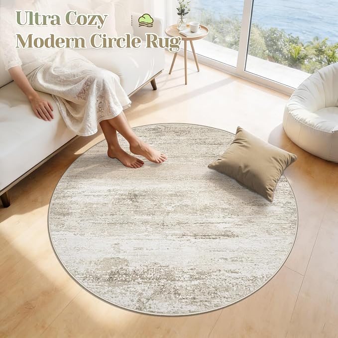 Washable Round Rug 4ft for Bedroom: Circle Neutral Soft Rug Abstract Non Slip Low Pile Modern Area Rugs for Living Room Nursery Office Dining Kids Boys Girls Room Farmhouse Dorm (Beige, 4' Round)