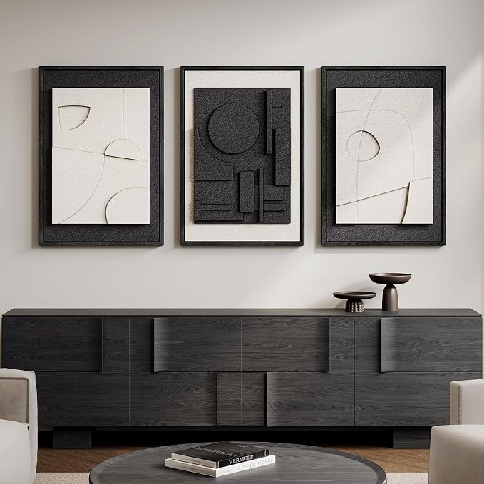 Large Framed Black and White Modern 3D Abstract Wall Art Set | Solid wood frame, Textured paintings, 3 piece 20x30 big artwork for walls, Pictures wall decor for living room bedroom office