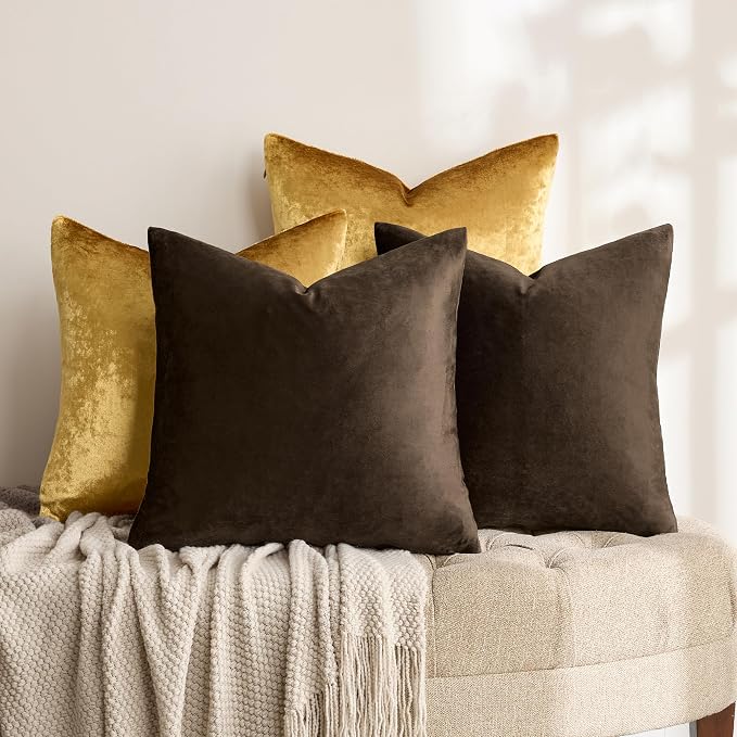 GIGIZAZA Pack of 4 Decorative Velvet Pillow Covers 20x20 Brown Gold | Throw Pillows for Couch Sofa,280gsm Soft Textured Fabric,Modern Accent Pillowcases,Luxury Living Room Cushion Covers