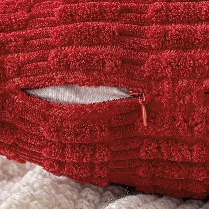MIULEE Corduroy Decorative Throw Pillow Covers 18x18 Red Pack of 2 | Soft Boho Striped Pillow Covers Modern Farmhouse Home Decor For Sofa Living Room Couch Bed