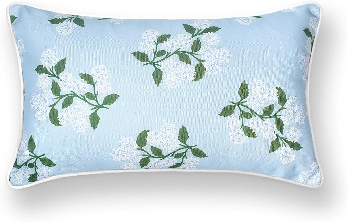 Hofdeco Premium Coastal Patio Indoor Outdoor Lumbar Pillow Cover Only, 12"x20" Water Repellent for Backyard, Couch, Baby Blue Print Hydrangea Flower