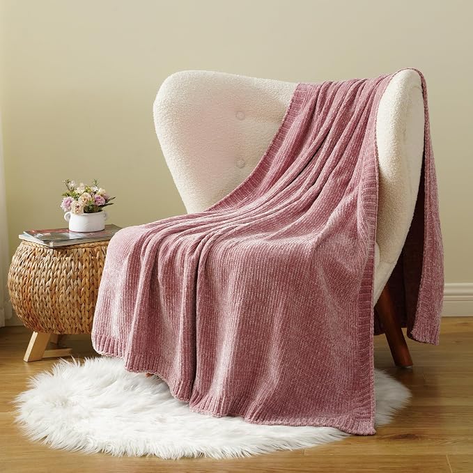 Pink Throw Blanket for Couch, Soft Chenille Throw Blanket 51"x67" | Shiny Chenille Blanket, Cozy Brethable Knit Throw Blanket for Bed Sofa Home Decor