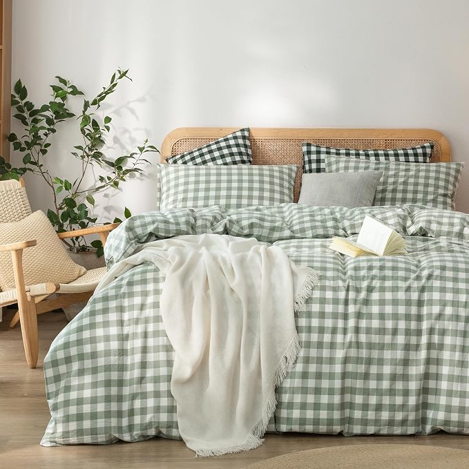 BESTOUCH Gingham Cotton Duvet Cover Set Sage Green California King | Washed Cotton, Linen Feel, Soft Wrinkle Texture, Hidden Zipper, 8 Ties, Breathable Lightweight Durable Comfy, 3 Pcs No Insert