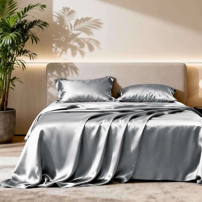 Love's cabin Twin XL Satin Sheet Sets - 3 Piece Dark Grey Silky Bed Sheets with Deep Pockets, Luxury Silk Feel Satin Sheet Set Twin XL (1 Flat Sheet,1 Fitted Sheet,1 Pillow case)