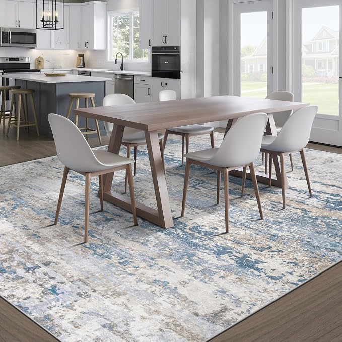 pmtsns Area Rugs 10x14 Living Room: Washable Rug Modern Abstract Neutral Soft Non-Slip Low-Pile Indoor Large Carpet for Bedroom Dining Room Playroom Home Office (Light Blue Brown, 10'x14')