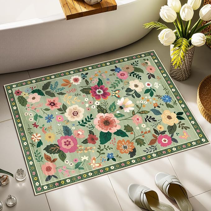 RELEANY Floral Washable 2x3 Area Rugs Doormat LightGreen | Flower Carpet, Print, Boho, Non-Slip, Easy to Clean, Soft, Low Pile for Living Room Bedroom Kitchen Office Entryway Hallway