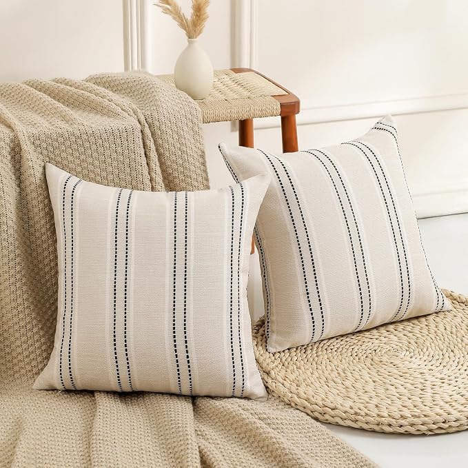 Hckot Stripe Throw Pillow Covers 26x26 Large Square Navy Blue Pillow Cover | Farmhouse Decorative Pillows Textured Linen Euro Sham Cushion Covers for Sofa Couch Bed Living Room Decor