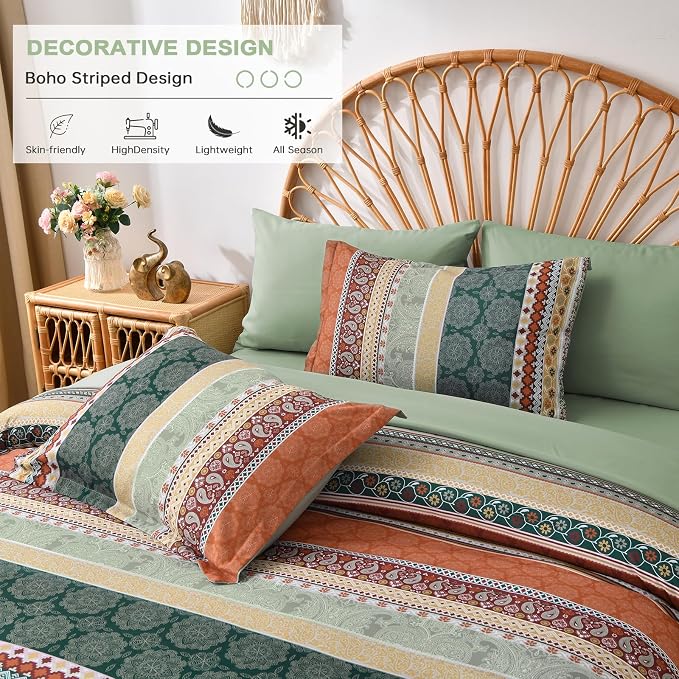 Cottolester Boho Comforter Set King Size,8 Pieces Sage Green and Orange Bohemian Striped Bed in a Bag,Paisley Soft Microfiber Bedding Comforter Set