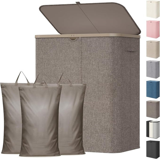 Lifewit 185L 3 Section Laundry Hamper with Lid, Laundry Basket, Brown | Large Foldable Laundry Sorter with 3 Removable Bags, Tall Clothes Hamper for Bedroom and Bathroom
