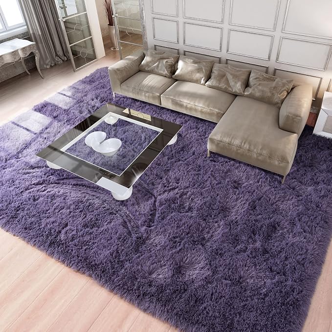Soft Modern Indoor Large Shaggy Rug for Livingroom Bedroom Dorm Kids Room Home Decorative, Non-Slip Plush Fluffy Furry Fur Area Rugs Comfy Nursery Accent Floor Carpet 8x10 Feet, Grey-Purple