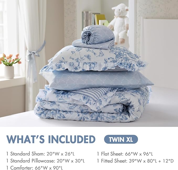Madison Park Essentials Blue Floral Comforter Set with Sheets Twin XL,5pc | Reversible, Elegant College Dorm Bedding, Ruffle Bed in a Bag, All Season, Machine Washable, Wrinkle Resistant, Ultra Soft