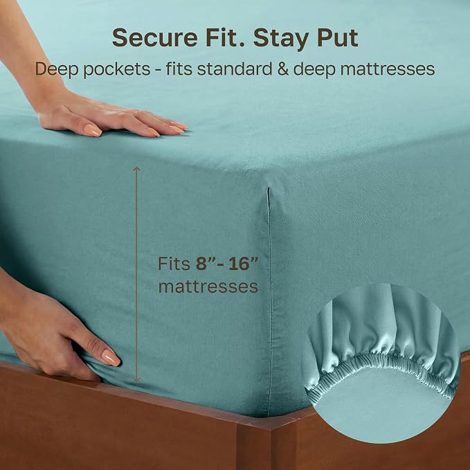 California Design Den Soft 100% Cotton Sateen Queen Bed Fitted Sheet, Teal | 400 Thread Count Backed by Good Housekeeping Seal, 16" Deep Pocket, All-Around Elastic, No-Pop Fit, Durable, OEKO-TEX