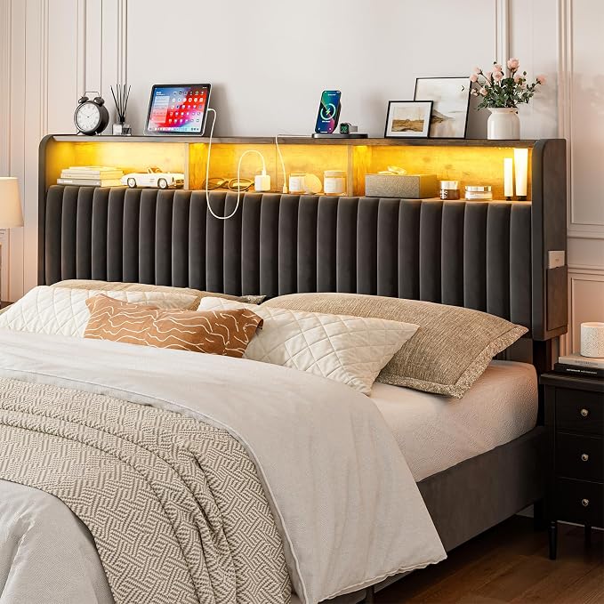 IKIFLY Velvet King Size Storage Headboard Only, Adjustable Height, Black | Upholstered Head Board with LED Lights & Charging Station, Easy Assembly, Modern Freestanding Headboard, Attach Frame