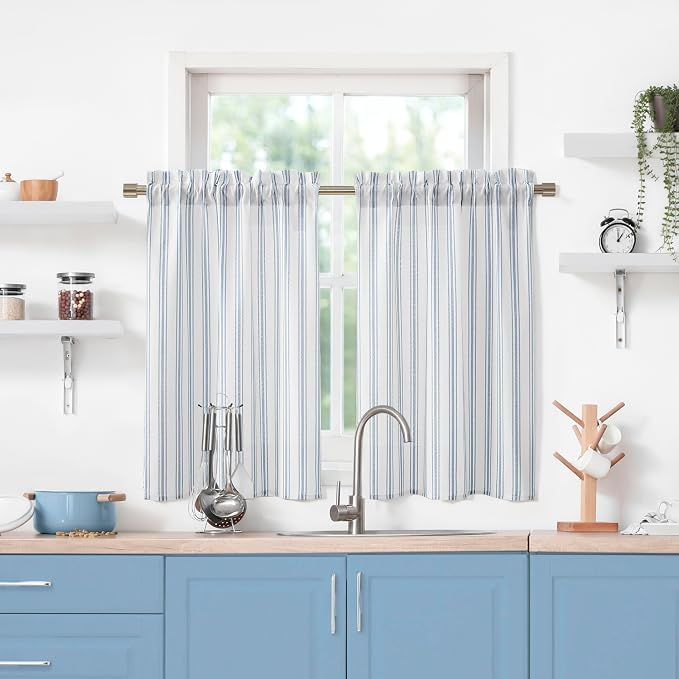 ZJDECOR Semi Sheer Cottage Kitchen Curtains with Blue Stripes,27" Wx45 Lx2 | Cafe Kitchen Curtain,Light Filtering,Rod Pocket,Cotton Blended Tiers,Cottage Farmhouse,Bathroom RV Window Treatment