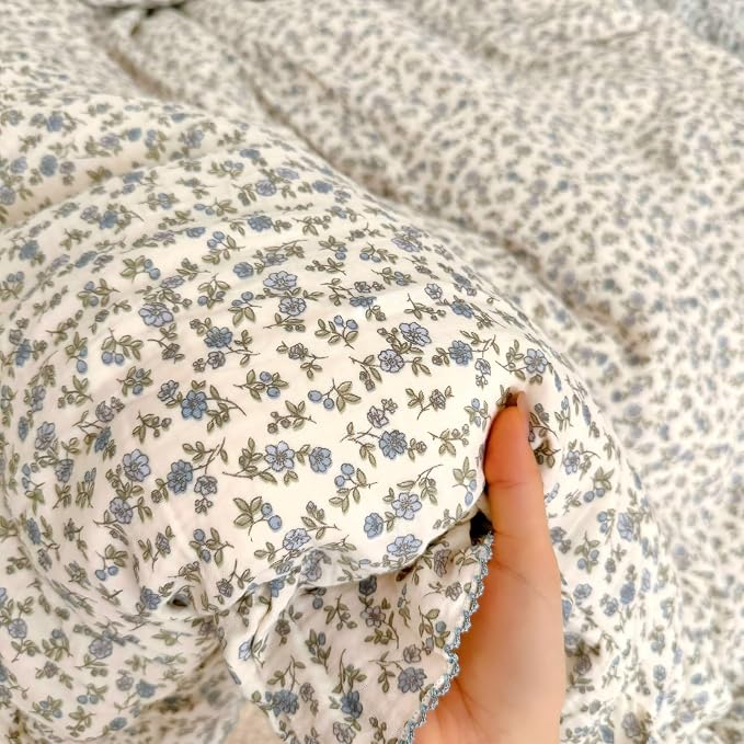 Blue Floral Toddler Kids Duvet Cover for Girls Boys 100% Cotton Muslin Quilt Cover for Toddler Bed Vintage Flower Design Duvet Cover with Ruffles, 47"x59", Pillow Case Not Included