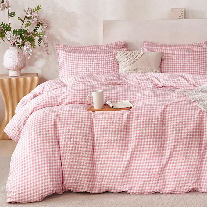 Grid Comforter Set Queen Pink Soft Luxury Washed Microfiber 3 Pieces Bedding Set, White Pink Grid Pattern Comforter with 2 Pillowcases Breathable Durable Comfy