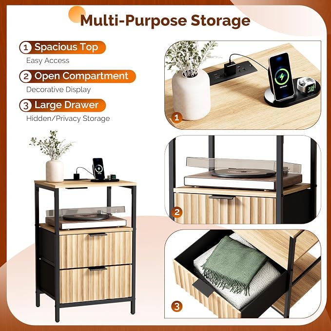 VINGLI Night Stand with Charging Station and Fabric Drawers, Fluted Nightstand Oak with 2 Drawers, Bed Side Table/End Table for Bedroom, 14.96" W*11.81" D*23.78" H