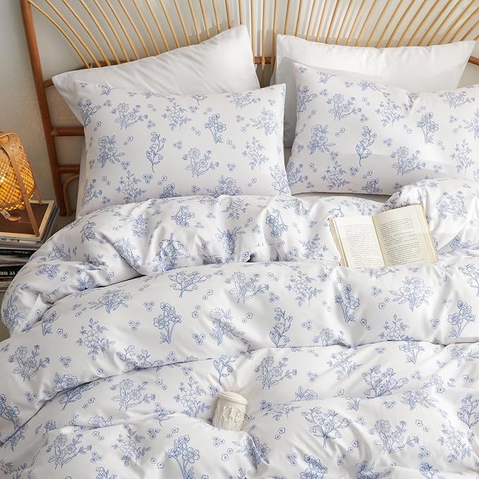 Nayoroom Blue Floral Duvet Cover Set King Spring Cottagecore Bedding | Soft Breathable Washed Microfiber, All-Season Comfort, Hidden Zipper, 4 Corner Ties, Modern Farmhouse Aesthetic Bedding