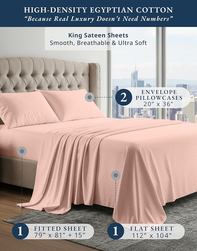 LANE LINEN Disposable Sheets for Travel King Size Sateen - Veiled Rose | Rest Sheets Cooling Set King - 4-Piece Set, For A Luxurious Night's Sleep, For A Silky Hotel-Style Bed, Luxe Sheen