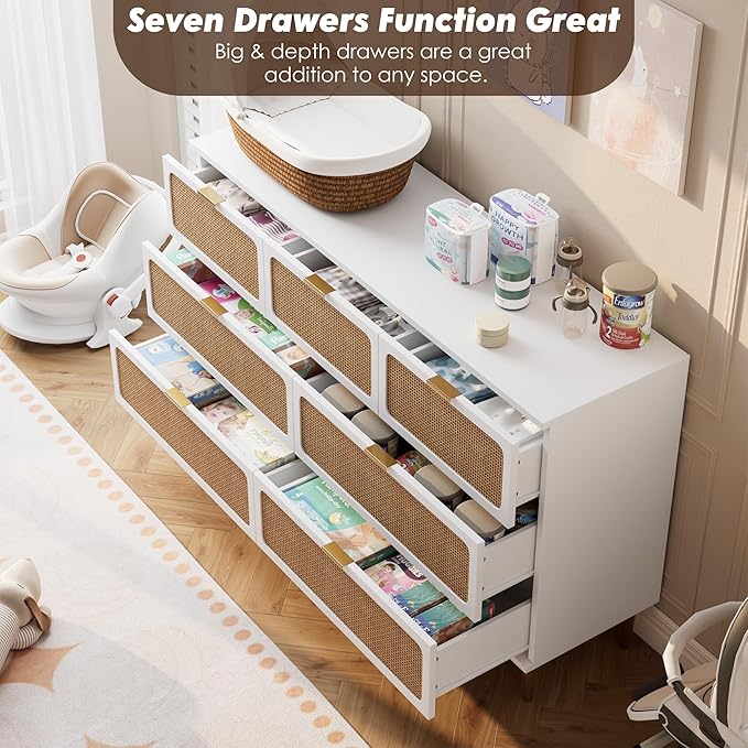 GarveeHome Rattan 7 Drawer Dressers for Bedroom, Deep Drawer, White | Tall Dresser, Wide Top, for Living Room, Hallway, Kids Room, Large Chest of Drawers for Closet, Long Wooden Dresser