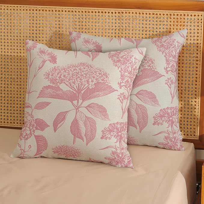 Pink Pillow Covers 20x20 Inch 2 Pcs Boho Vintage Floral Decor Throw Pillows Hydrangea Flower Seasonal Outdoor Farmhouse Neutral Accent Decoration Pillowcase Linen Cushion Cover for Sofa