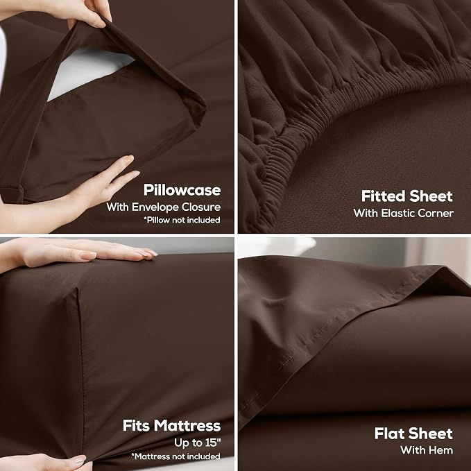 King Sheets Set, 4 Pieces 16" Deep Pocket Hotel Luxury Bed Sheets, Brown | Extra Soft Bedsheet Set, Comfy & Breathable Cooling Sheets, Wrinkle & Fade Resistant, Fitted Sheet, Flat Sheet, 2 Pillowcases
