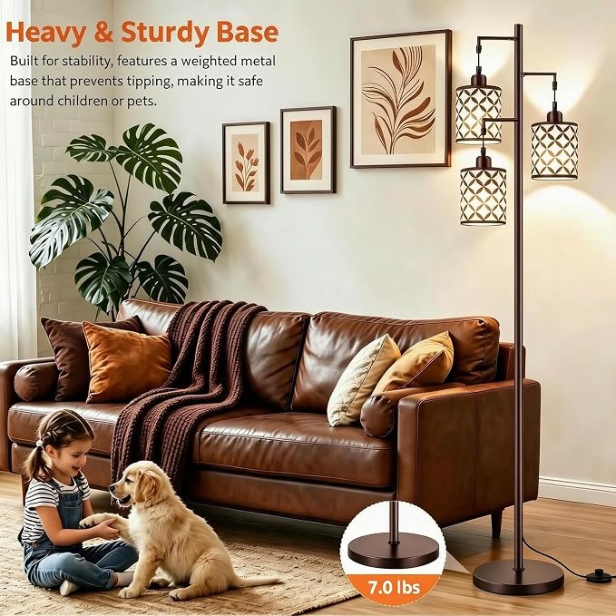 72" Dimmable Floor Lamp with Remote & Timer, Industrial Farmhouse Rustic Standing Lamp for Living Room Bedroom, 3 Individually Controlled Heads, 2 Height Options, 3 x LED Bulbs Included