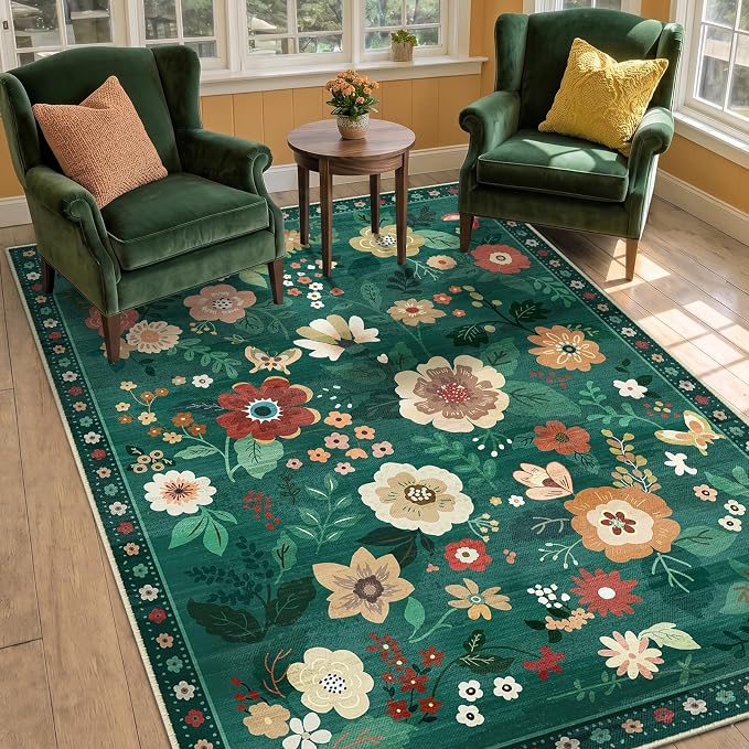 RELEANY Floral Washable 4x6 Area Rugs DarkGreen | Flower Carpet, Print, Boho, Non-Slip, Easy to Clean, Soft, Low Pile for Living Room Bedroom Kitchen Office Entryway Hallway