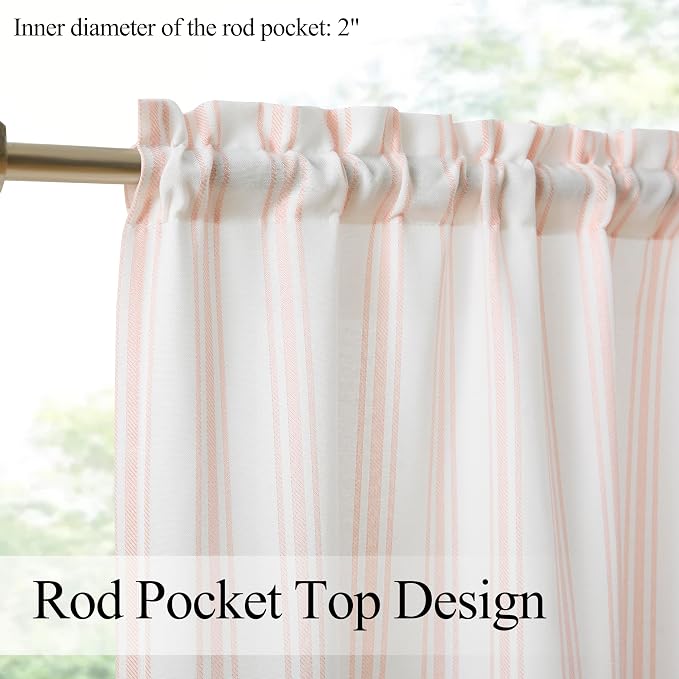 ZJDECOR Pink Striped Light Filtering Tier Kitchen Curatins,27" Wx45 Lx2 | Cafe Curtains,Semi Sheer,Rod Pocket,Cotton Blended Tier,Farmhouse Style,Bathroom RV Window Treatment