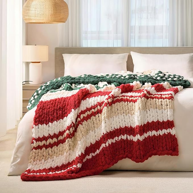L'AGRATY Chunky Knit Throw Blanket for Couch, 60 x 80 Inches, Red Green | Handmade Chenille Crochet Blanket for Sofa Bed, Thick Cable Knitted Blankets for Room Home Decor, Birthday Gift for Women Mom