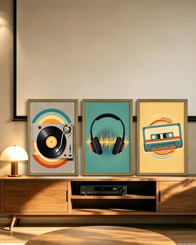 Framed Vintage Music Canvas Wall Art Set of 3, Vinyl Record Headphones Cassette Wall Decor Painting, Rustic Mid Century Music Print Pictures for Bedroom Living Room Office Studio Decor 16x24 Inch