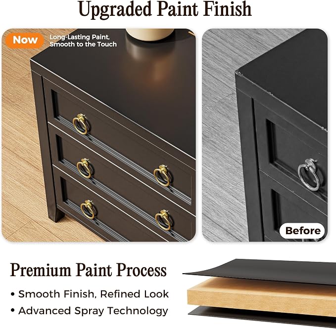 Huuger Paint Night Stand with Charger Station, 3 Drawer Nightstand Set of 2 | Larger Wider Bedside Table with USB-C Port, Modern End Table, for Bedroom, Living Room, Black Nightstand
