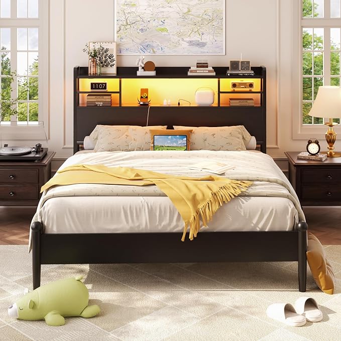 Aheaplus Headboard for Full Size Bedwith Storage and Outlets, Black | Headboards with LED Light, Power Outlets, USB Ports Full Size Head Board, Wood headboard Only Sturdy and Stable Headboards