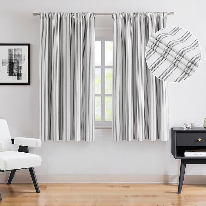ZJDECOR Short Black Striped Full Blackout Curtain Panels,55" Wx63 Lx2 | Room Darkening,Isolate Light and Noise,Rod Pocket Back Tab,Modern Style,Bedroom Living Room Panels