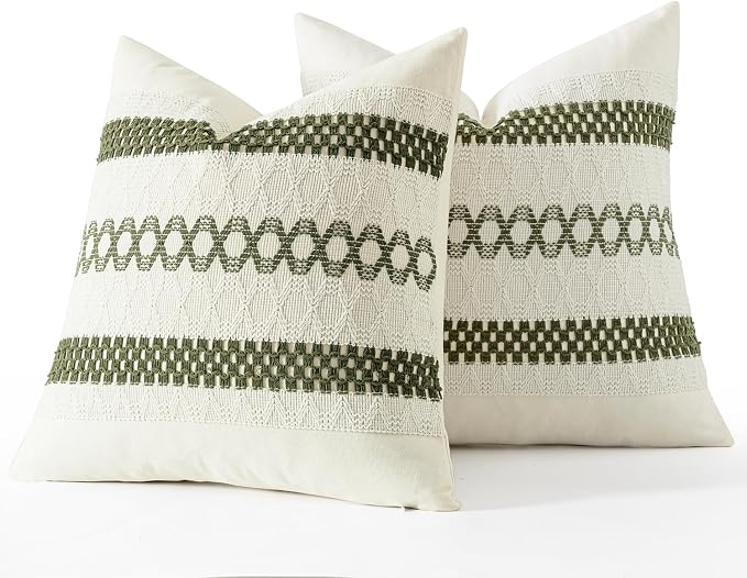 MIULEE Set of 2 Moss Green Boho Decorative Pillow Covers 18x18 Inch | Farmhouse Couch Throw Pillows, Modern Cotton Cushion Covers, Macrame Woven Spring Decor for Bed Sofa Chair