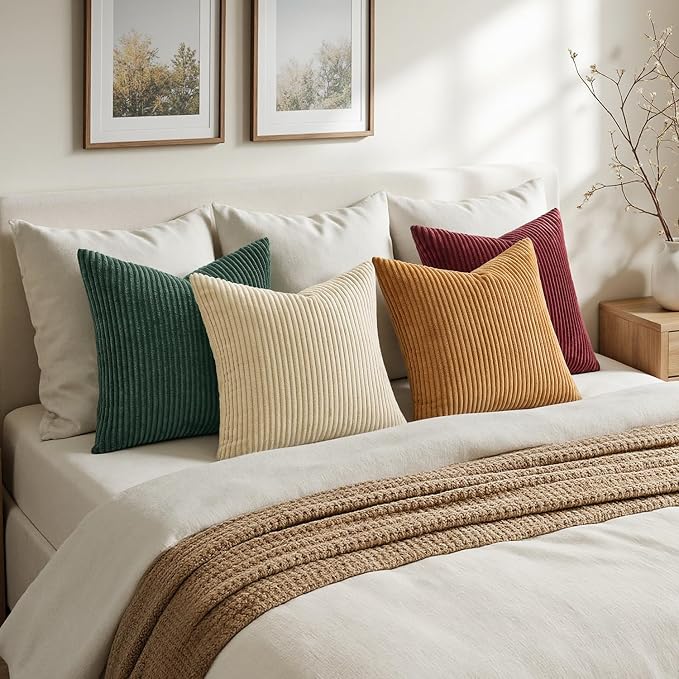 MIULEE Corduroy Decorative Throw Pillow Covers Christmas Red Green 18x18 | Set of 4, Mordern Nordic Christmas Decor, Green Red Accent Set, Boho Farmhouse Cushion Covers for Couch Bed Sofa Living Room