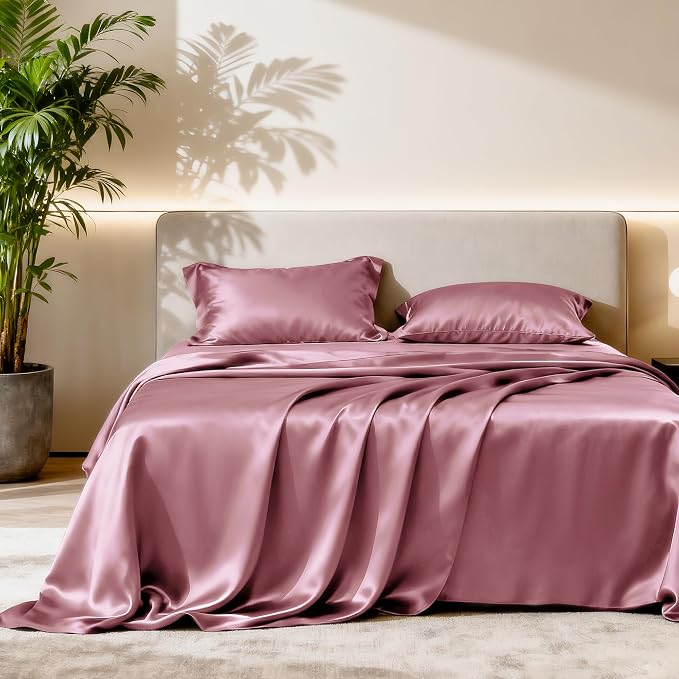 Love's cabin Satin Queen Sheets Set - 4 Piece Rose Taupe Silky Bed Sheets Set with Deep Pocket, Luxury Silk Feel Satin Queen Size Sheet Set (1 Flat Sheet,1 Fitted Sheet,2 Pillow Cases)
