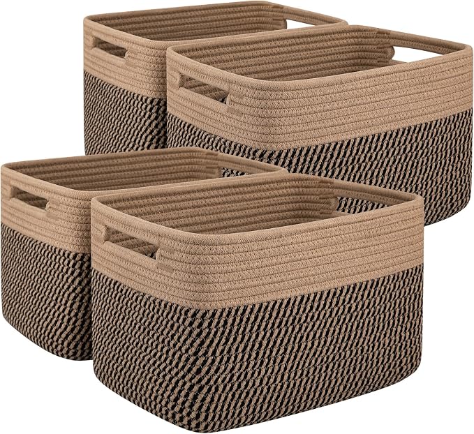 OIAHOMY 4 Pack Storage Basket, 13"x9"x7.8" Cotton Rope Baskets for Shelves, Closet Organizer for Bedroom & Living Room, Soft Decorative Bins for Organizing Towels, Books & Toys, Brown & Black