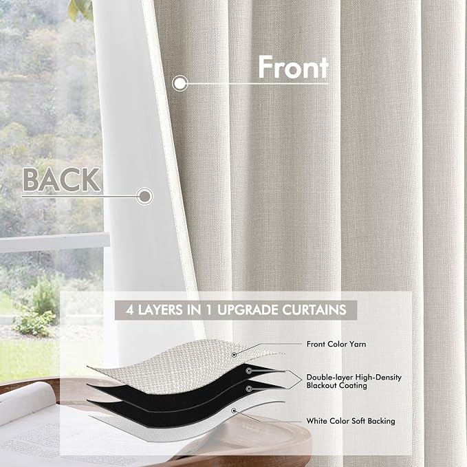 MIULEE 100% Blackout Back Tab Pleat Linen Curtains 50" Wx108 L,Grey Beige | 2 Panels,Thick Faux Linen,Textured Drapes,with Hooks,for Bedroom Living Room,Black Out,Room Darkening