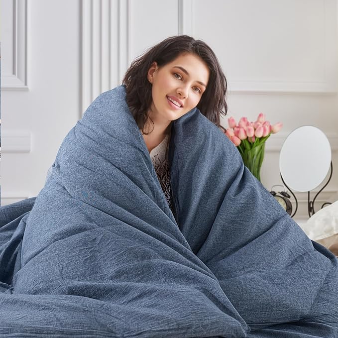NEXHOME PRO Duvet Cover Twin 100% Washed Cotton, Heathered Blue Breathable, Durable, Textured, Linen Like, Home Bedding Set 68"x90"