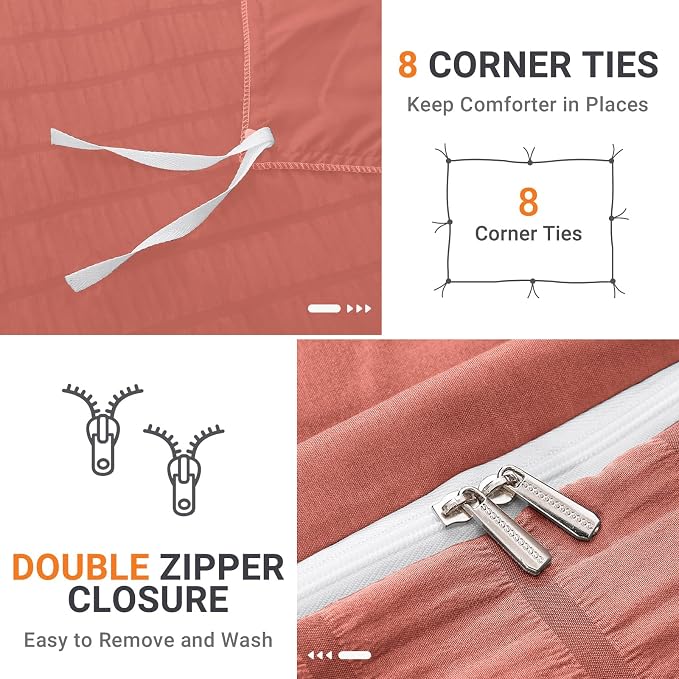 HYMOKEGE Coral Red Duvet Cover Queen Size, Ultra Soft 3-Piece Seersucker Duvet Cover Set with Zipper Closure, Soft Brushed Microfiber Bedding Set with 8 Corner Ties (90"x90", 2 Pillowshams)